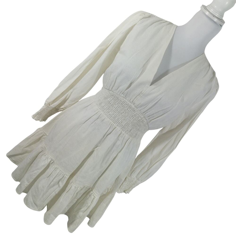NWT! ZARA! LINEN BLEND! CREAM RUCHED WAIST, POUF SLEEVE, RUFFLED DRESS! SZ S